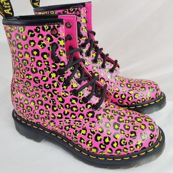Dr. Martens Shoes - Dr. Martens Doc 1460 Air Wair Smooth Leather Leopard Print Pink Combat Boots NIB